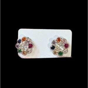 18K White Gold Plated Multicolor Gemstone Flower Earrings 🆕